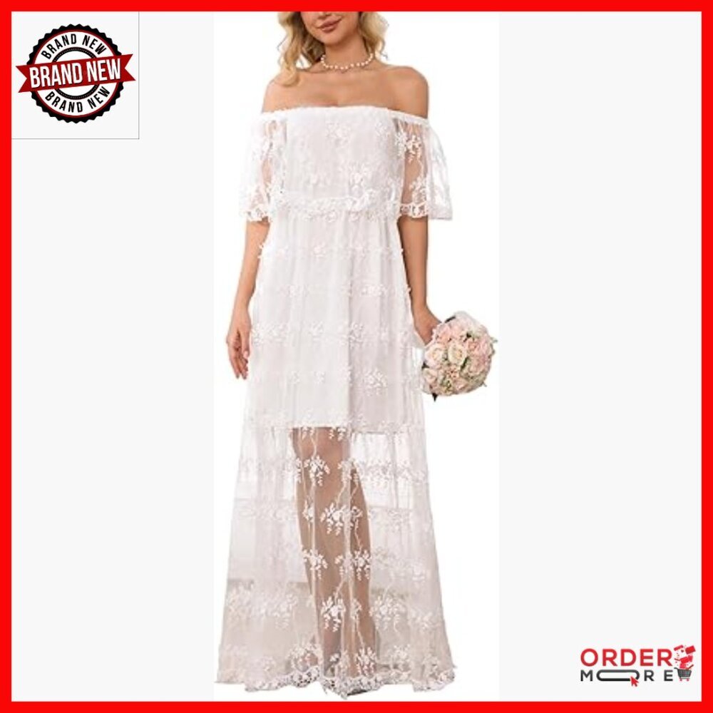 Off Shoulder Lace Maxi Wedding Dress Boho Flowy Long Gown Formal
